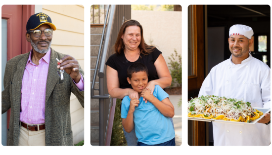 collage of three photos shows man holding key, mother hugging son and man wearing chef's uniform